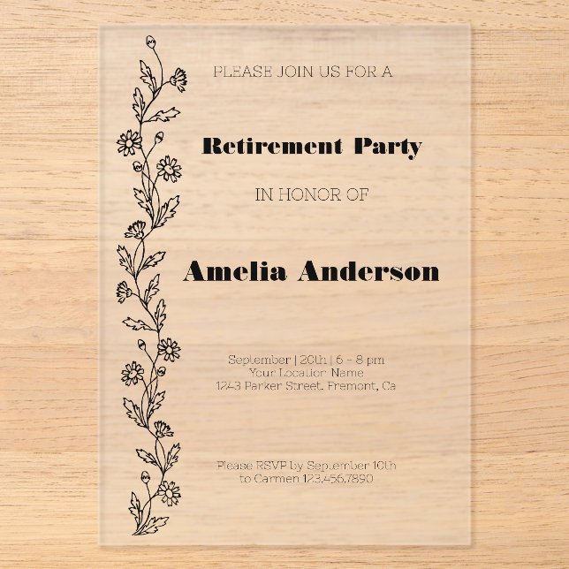 Invitations En Acrylique Marche de retraite moderne classe noir (Recto)