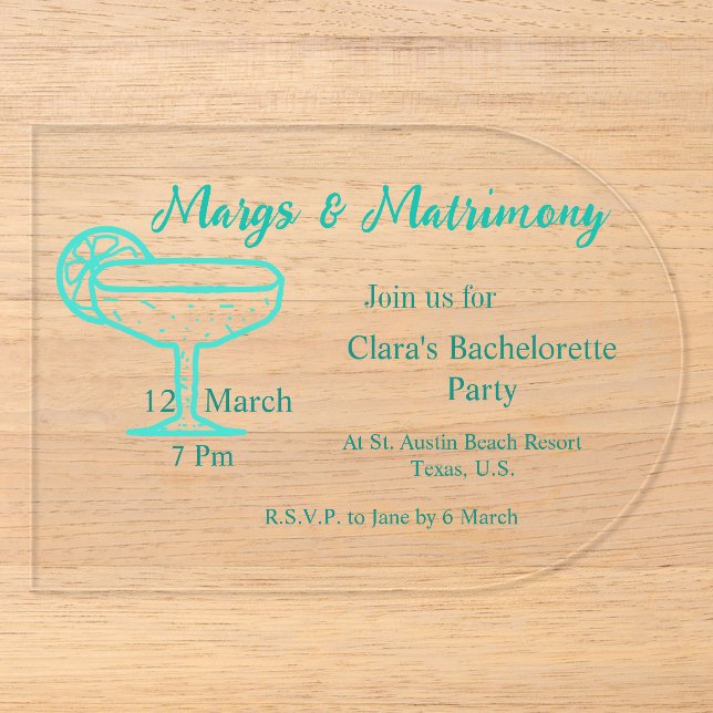 Invitations En Acrylique Marges turquoise & Mariage Tequila célibataire en  (Recto)