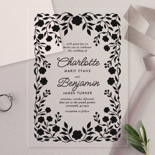 Invitations En Acrylique Mariage à Bordure Florale Ornée Noire