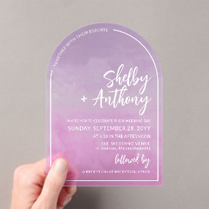 Invitations En Acrylique Mariage à cadre violet violet violet pastel nuageu
