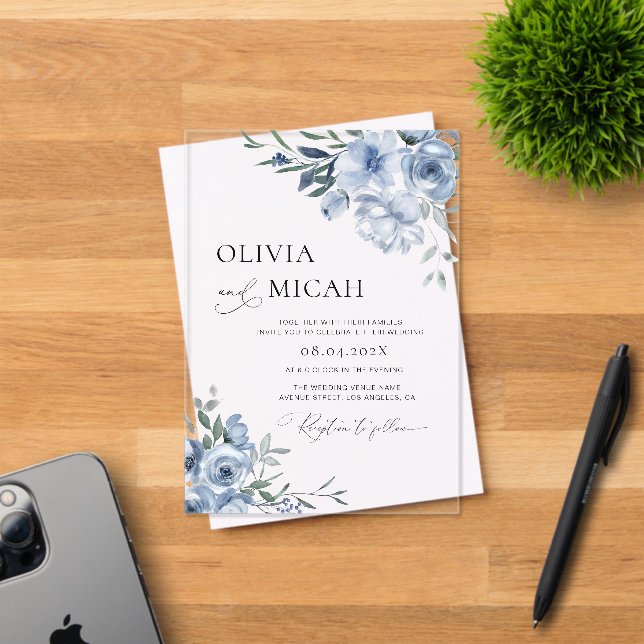 Invitations En Acrylique mariage à fleurs bleues et tendance (Insitu (Carte d'invitation))