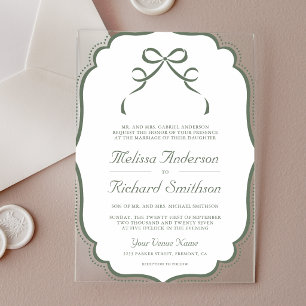 Invitations En Acrylique Mariage à l'arc en ruban vert sauge Coquette