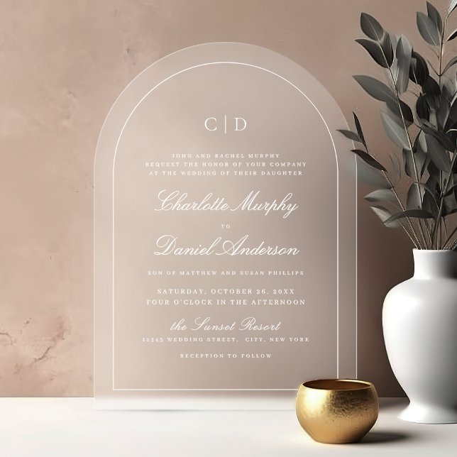 Invitations En Acrylique Mariage à Monogramme en Arc de Script Élégance Cla (Classic Elegance Script Monogram Arch Wedding Acrylic Invitations)