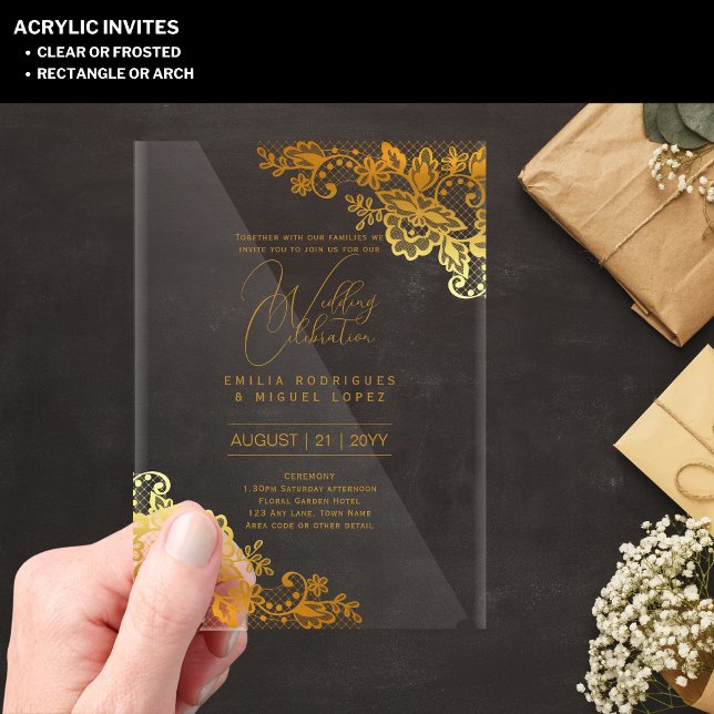 Invitations En Acrylique Mariage ACRYLIQUE Invite Gold Lace Texte Élégant (Créateur téléchargé)