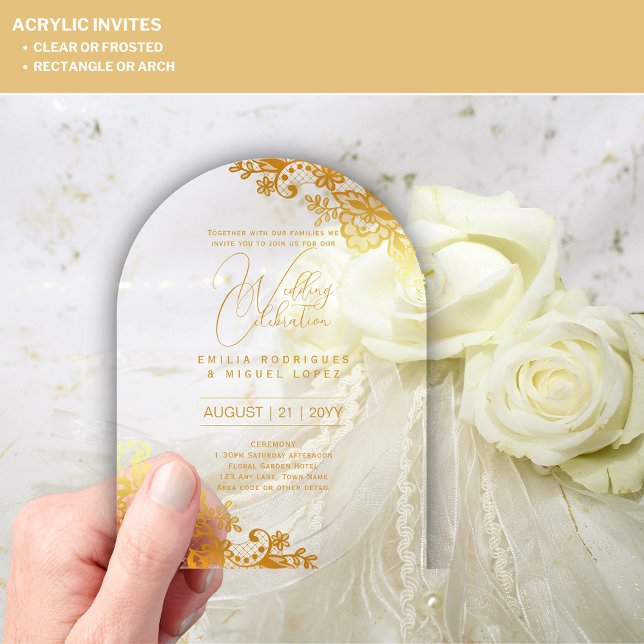 Invitations En Acrylique Mariage ACRYLIQUE Invite Gold Lace Texte Élégant (Créateur téléchargé)