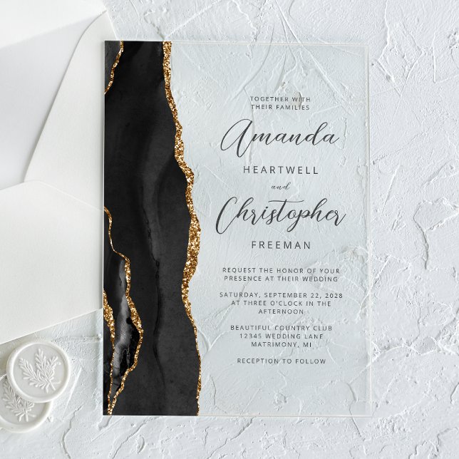 Invitations En Acrylique Mariage Agate Black Gold (Créateur téléchargé)