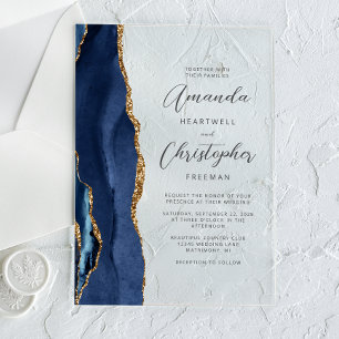 Invitations En Acrylique Mariage Agate Bleu Nuit Or Script