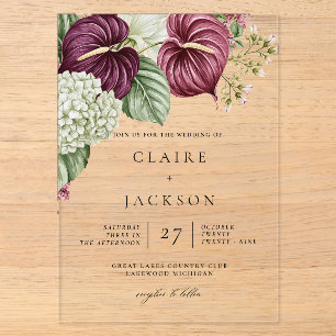 Invitations En Acrylique Mariage Anthurium et Hydrangea Vin de Bourgogne