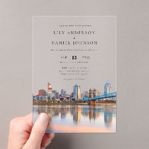 Invitations En Acrylique Mariage aquarelle sur la skyline de Cincinnati