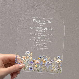 Invitations En Acrylique Mariage Archi Aquarelle Fleur Sauvage Bleu Poussié