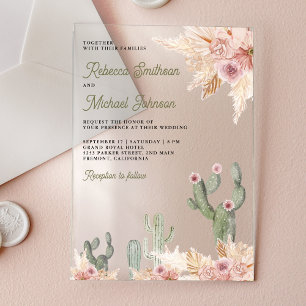 Invitations En Acrylique Mariage au Cactus Pampas Fleurs Roses