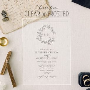 Invitations En Acrylique Mariage au monogramme de crête feuillue grise mode