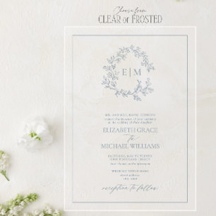Invitations En Acrylique Mariage au monogramme de feuilles en bleu poussiér
