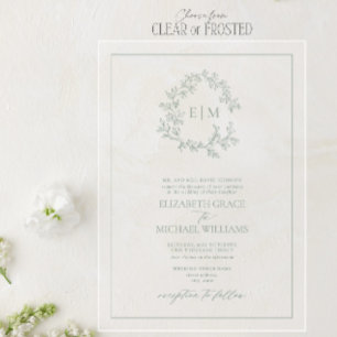 Invitations En Acrylique Mariage au monogramme de la crête feuillue vert sa