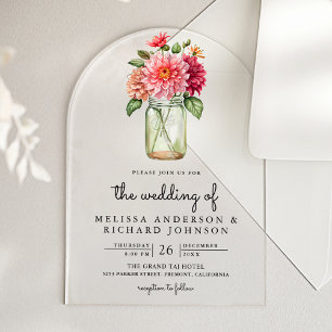 Invitations En Acrylique Mariage au pot Mason floral avec Dahlia coloré