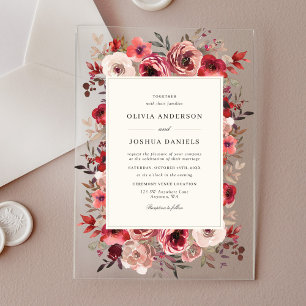 Invitations En Acrylique Mariage Automnal Élégant Rustique aux Fleurs Rouge