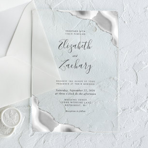 Invitations En Acrylique Mariage aux coins en agate grise argentée moderne