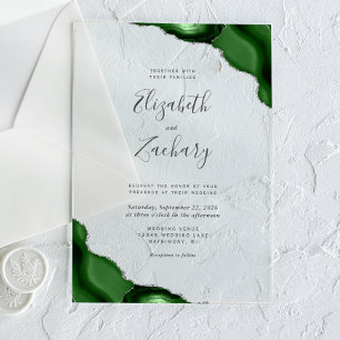 Invitations En Acrylique Mariage aux coins en argent et vert chasseur moder