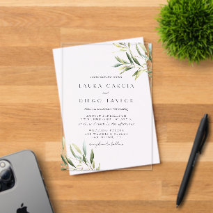 Invitations En Acrylique Mariage aux feuilles vert olive aquarelle
