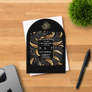 Invitations En Acrylique mariage aux plumes dorées et noires