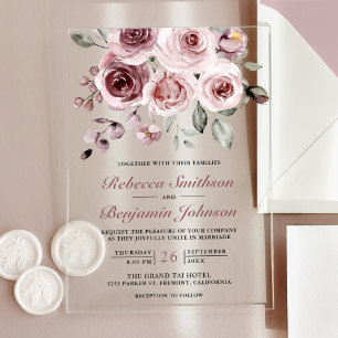 Invitations En Acrylique Mariage aux Roses Rose Poussiéreux