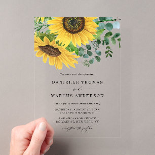 Invitations En Acrylique Mariage aux tournesols aquarelle et eucalyptus