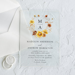 Invitations En Acrylique Mariage avec Monogramme aux Tournesols Rustiques e