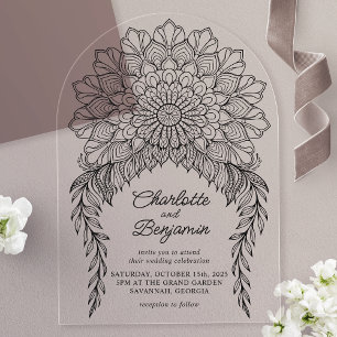 Invitations En Acrylique Mariage Black Boho Mandala Feuille de Vigne