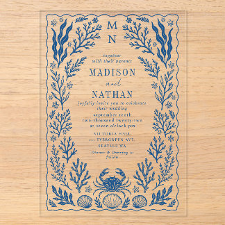 Invitations En Acrylique Mariage bleu coquille de crabe nautique océan plag