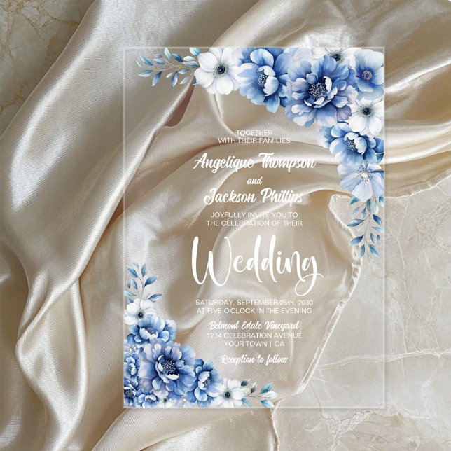 Invitations En Acrylique Mariage bleu floral élégant (Créateur téléchargé)