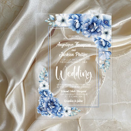 Invitations En Acrylique Mariage bleu floral élégant
