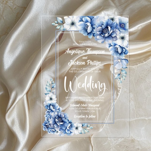 Invitations En Acrylique Mariage bleu floral élégant (Créateur téléchargé)