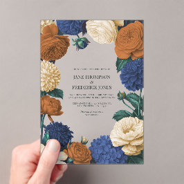 Invitations En Acrylique Mariage Bleu Nuit, Orange Brûlé & Champagne
