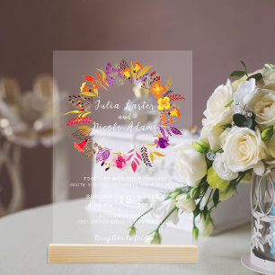 Invitations En Acrylique Mariage Bohème aux Fleurs Sauvages Orange Violet e