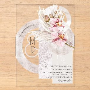 Invitations En Acrylique Mariage Bohème Beige Rose Monogramme Pampas B