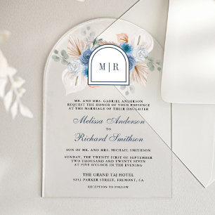Invitations En Acrylique Mariage Bohème Fleurs Bleu Poussiéreux Pampas