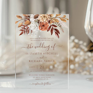Invitations En Acrylique Mariage Bohème Fleurs Terracotta Rouille Feuillage