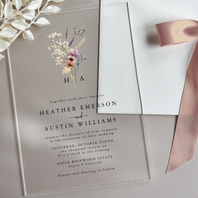 Invitations En Acrylique Mariage Bohème Floral Monogrammé (Boho Floral Monogrammed Wedding Acrylic Invitations with Butterfly by Painted Paperie
)