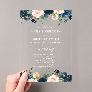 Invitations En Acrylique Mariage Bohème Rose Rose Foncé Bleu Marine