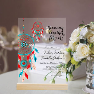 Invitations En Acrylique Mariage Bohème Tribal attrape-rêves à plumes