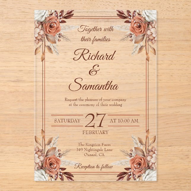 Invitations En Acrylique Mariage Boho à cadre floral rustique (Recto)