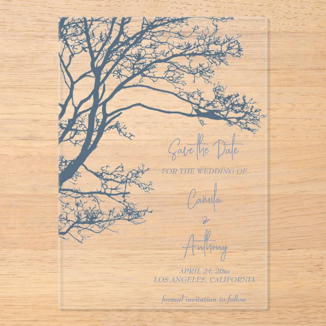 Invitations En Acrylique Mariage Boho d'arbre simple bleu (Recto)