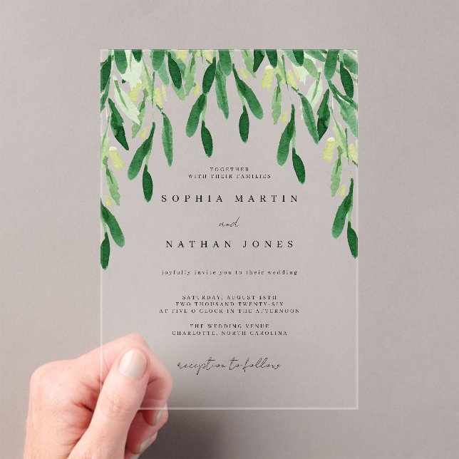 Invitations En Acrylique Mariage botanique à feuilles vertes (In situ (ordinateur de poche))