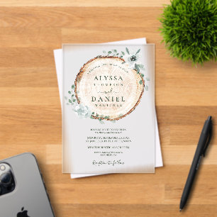 Invitations En Acrylique Mariage botanique aquarelle tranche de bois rustiq