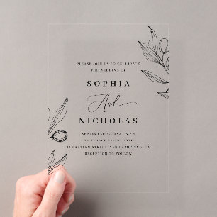 Invitations En Acrylique Mariage Botanique aux Olives   Élégante Végétation