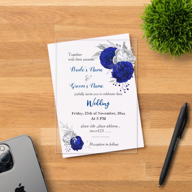 Invitations En Acrylique mariage botanique bleu et argent royal (Insitu (Carte d'invitation))