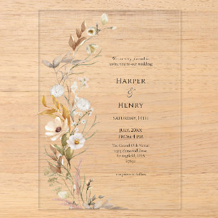 Invitations En Acrylique Mariage botanique fleur sauvage Beige Boho