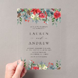 Invitations En Acrylique Mariage Botanique Fleurs d'Hiver Aquarelle