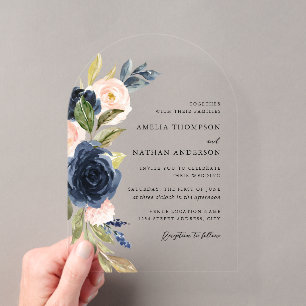 Invitations En Acrylique Mariage Botanique Floral Rose Navy