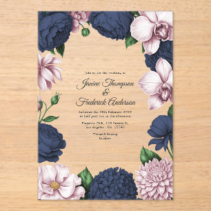 Invitations En Acrylique Mariage Botanique Moderne Bleu Nuit et Rose Pâle